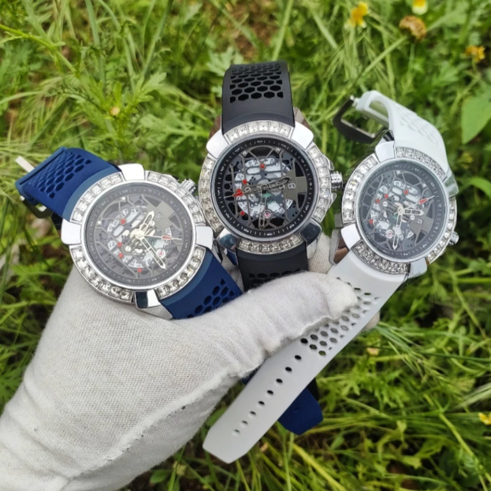 

Мужские кварцевые часы с полным бриллиантовым покрытием корпуса, скелетонизированным циферблатом, светящимся силиконовым ремешком, роскошные аналоговые часы в стиле стимпанк