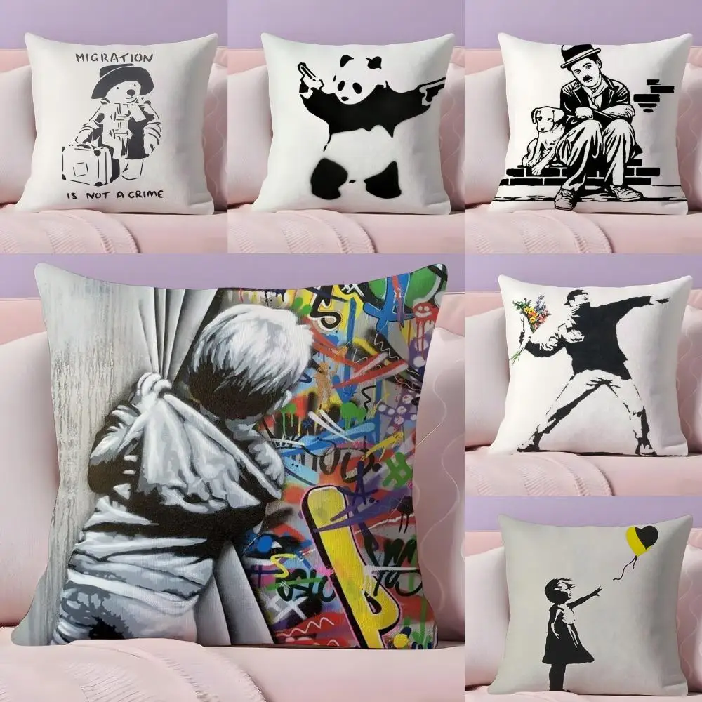 Banksy Uncovering Art Pillow Case Plush Fabric Soft Double-Sided Printed Sofa Warm Winter Home Gift Cushion Cover