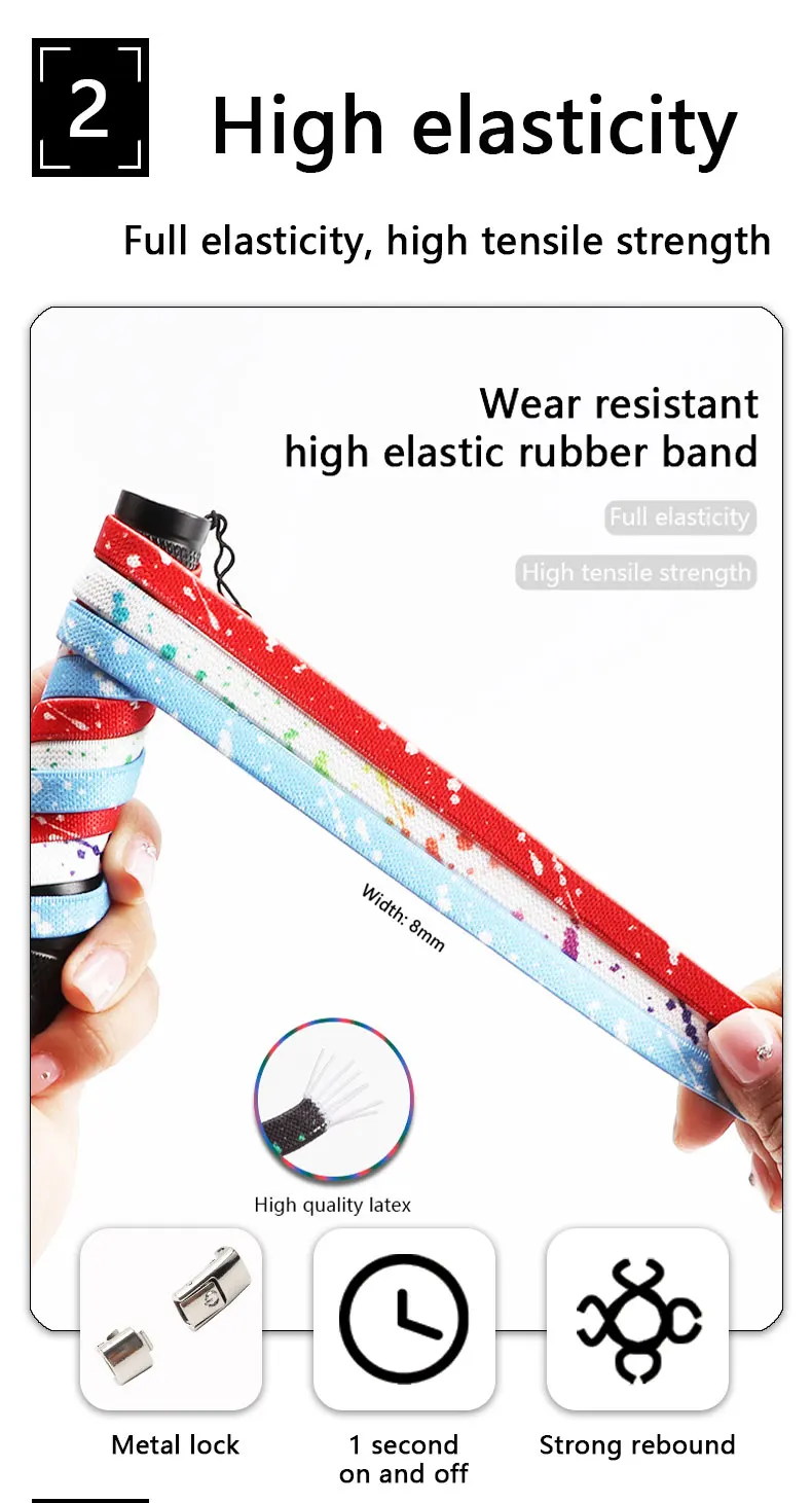 Schuhbänder ohne Schnürsenkel für Sneaker, bunte Schnürsenkel mit Metallverschluss, flache, elastische Schnürsenkel mit Tintenmuster, ohne Schnürsenkel, Schuhbänder. – Detail 4