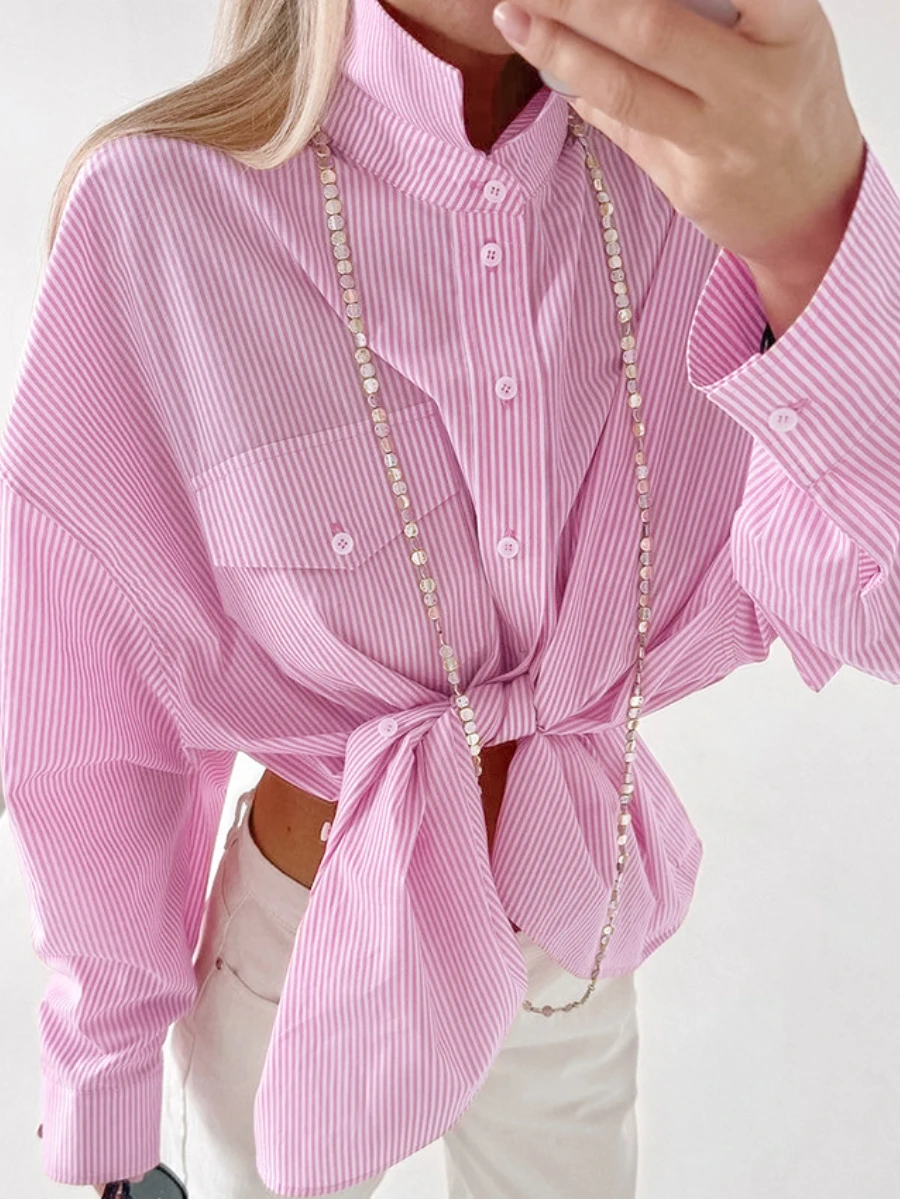 Bornladies Women\'s Fashion Versatile Striped Pink Casual Shirt Loose Niche Top Office Lady Shirt jacket  Long sleeved Cardigan