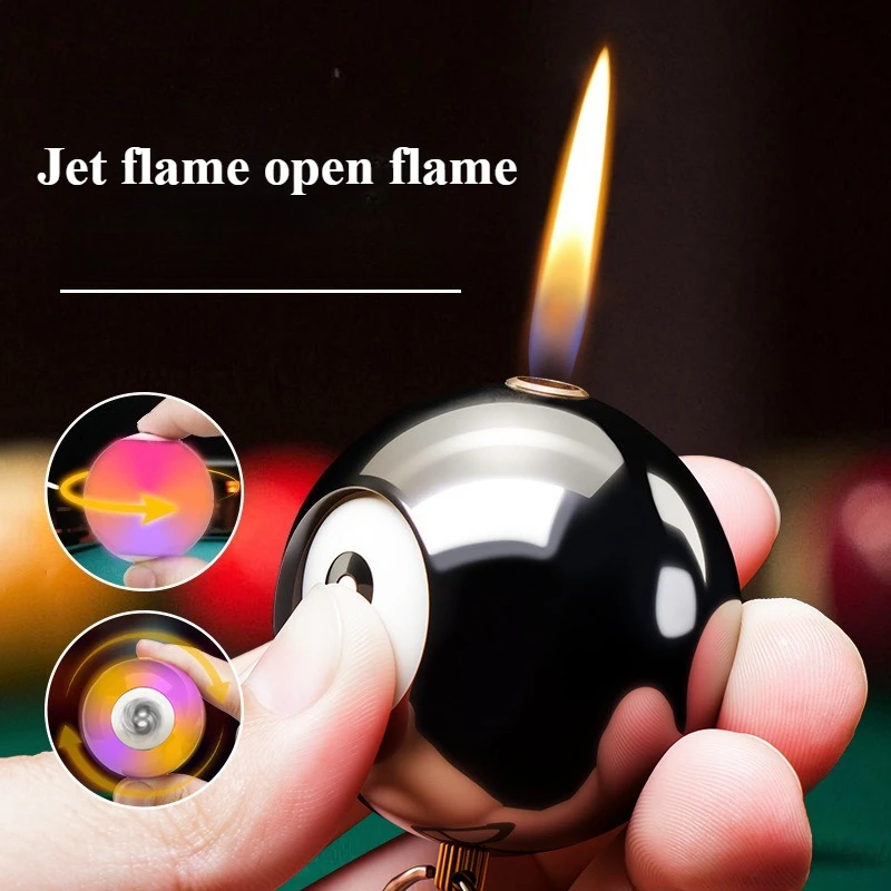 New Creative Light Black 8 Billiard  Lighter Open Flame Spinner Stress Relief Lighters, Refillable Butane Camping Igniter