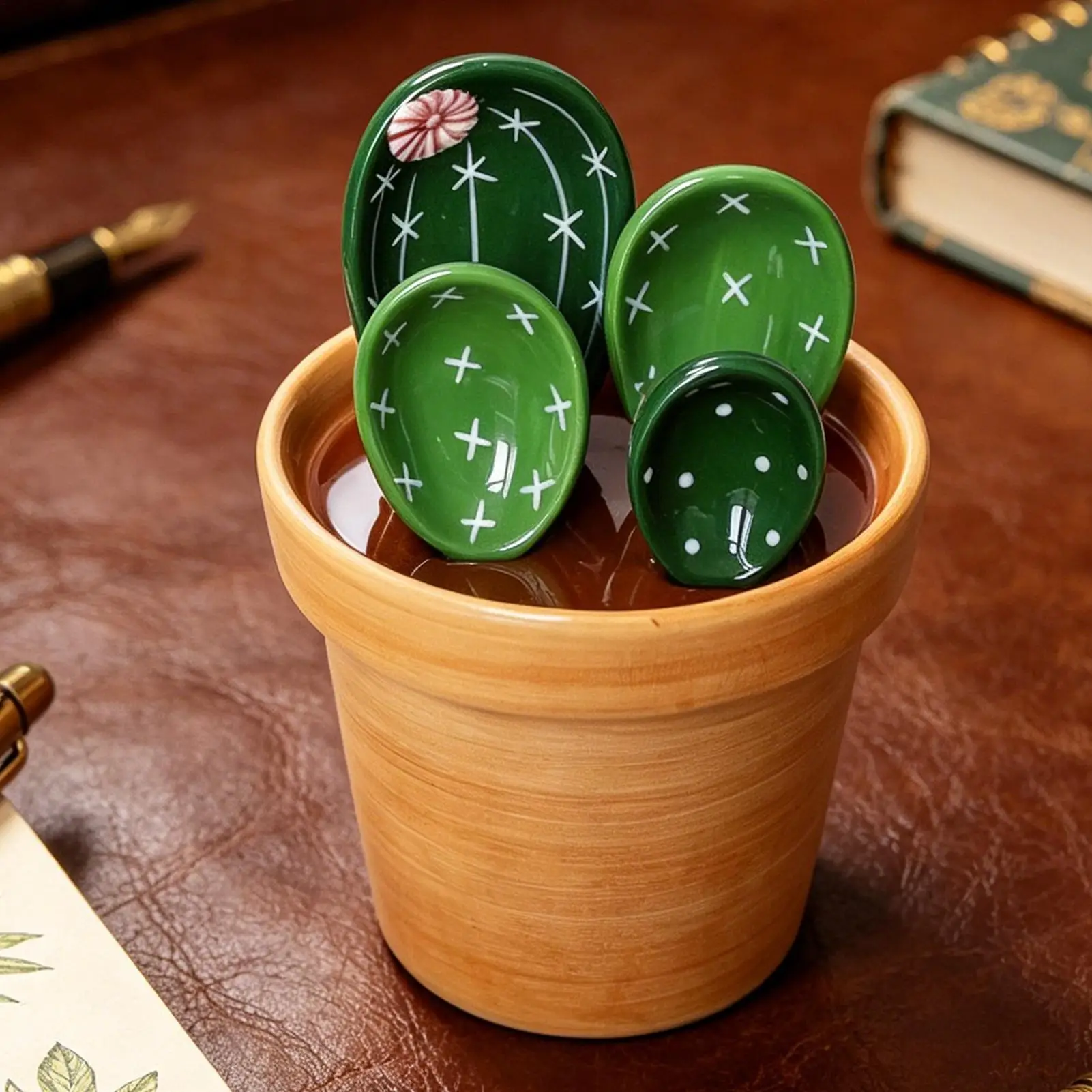 Measuring Spoon Set 4 Pieces Ceramic Cactus with Storage Small Measuring Spoons Kitchen Gadgets for Powder Sugar Salt Seasoning