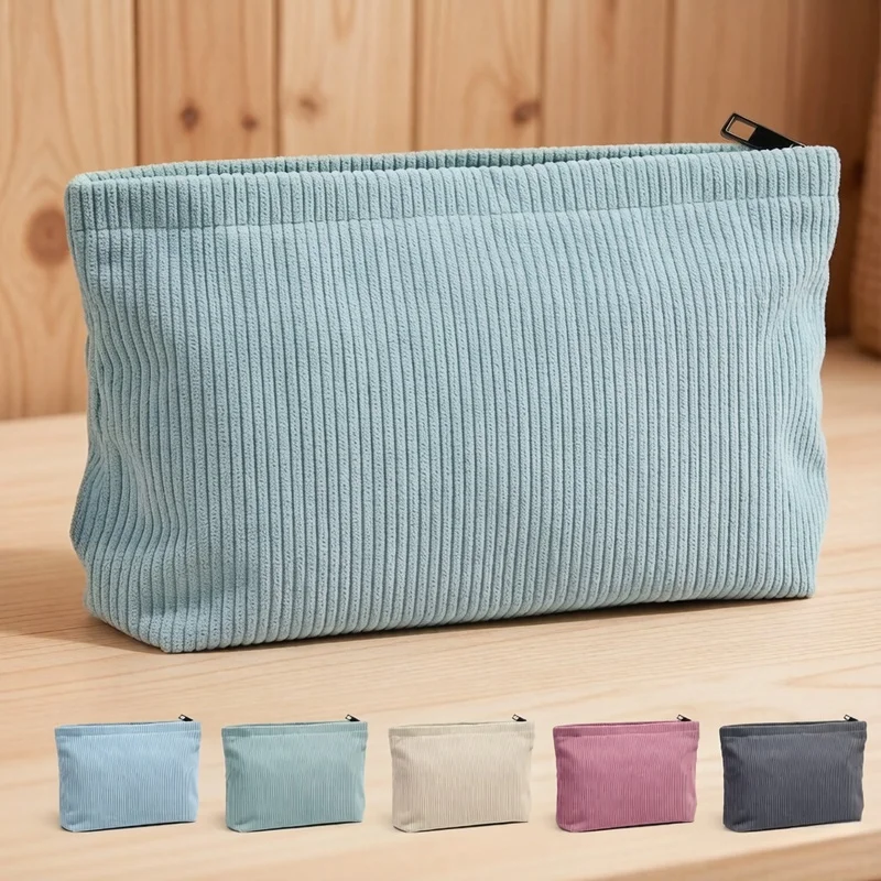 

Corduroy Travel Cosmetic Bag, Portable Makeup Storage Purse with Zipper, Large Capacity Organizer Clutch for Women