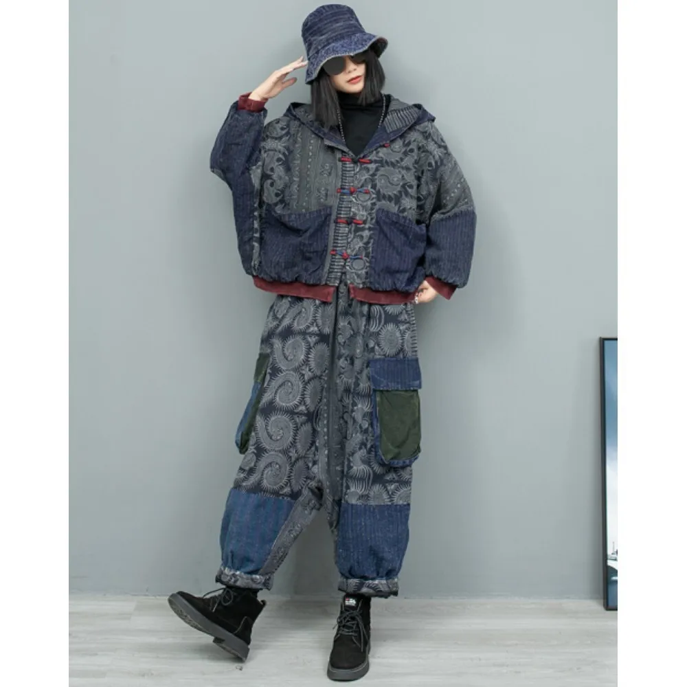 Printed Linen Patchwork Hooded Cardigan Cotton Jacket + Cotton Pants Two-piece Set Women Winter Fashion Matching Pant Set ZF365