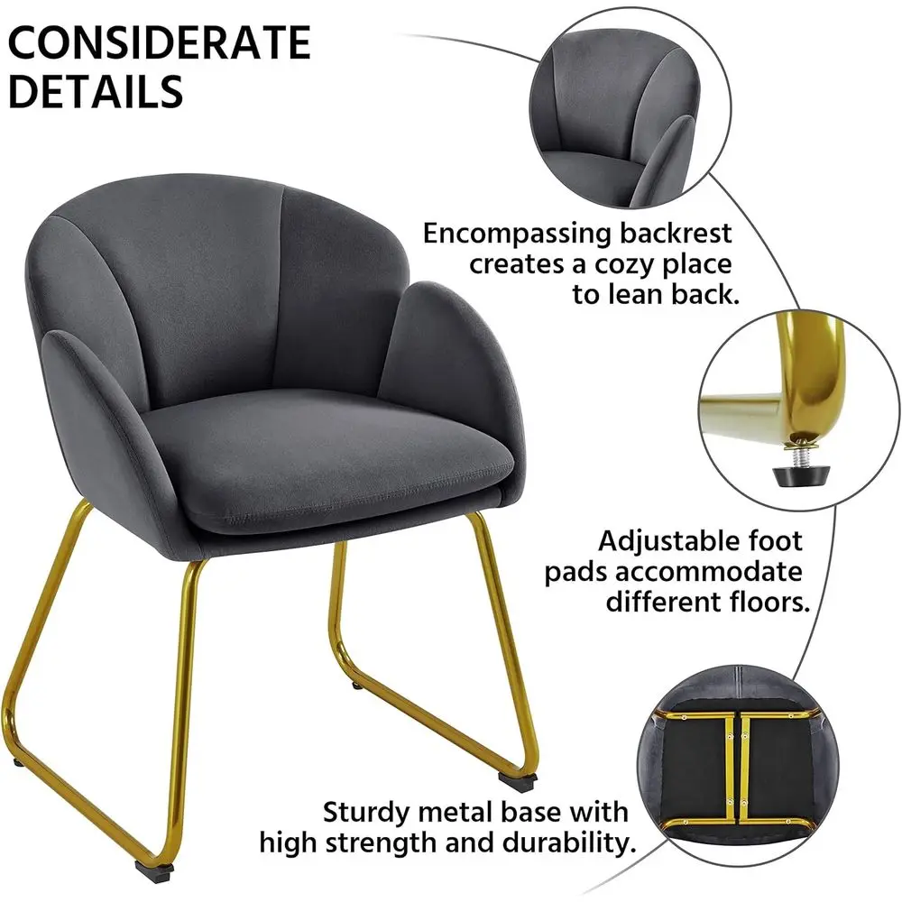 Lower Shape Velvet Armchair, Side Chair Vanity Chair with Metal Legs, Living Room/Dining Room/Bedroom/Home Office/Kitchen, Gray view 6