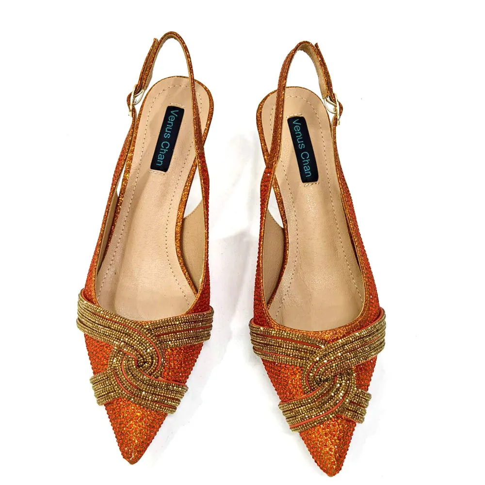 INS 2024 Orange Color Elegant Women Heels Shoes and Bag Set Hollow Rhinestones High Heels Wedges Shoes Matching Bag