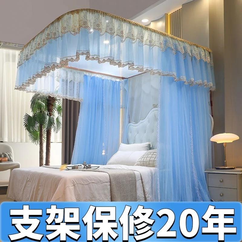 custom. [Hot Sale] U-shaped Mosquito Net New Thickened Track Type Three-door Pattern Net Guide Rail Type Floor-standing Princess