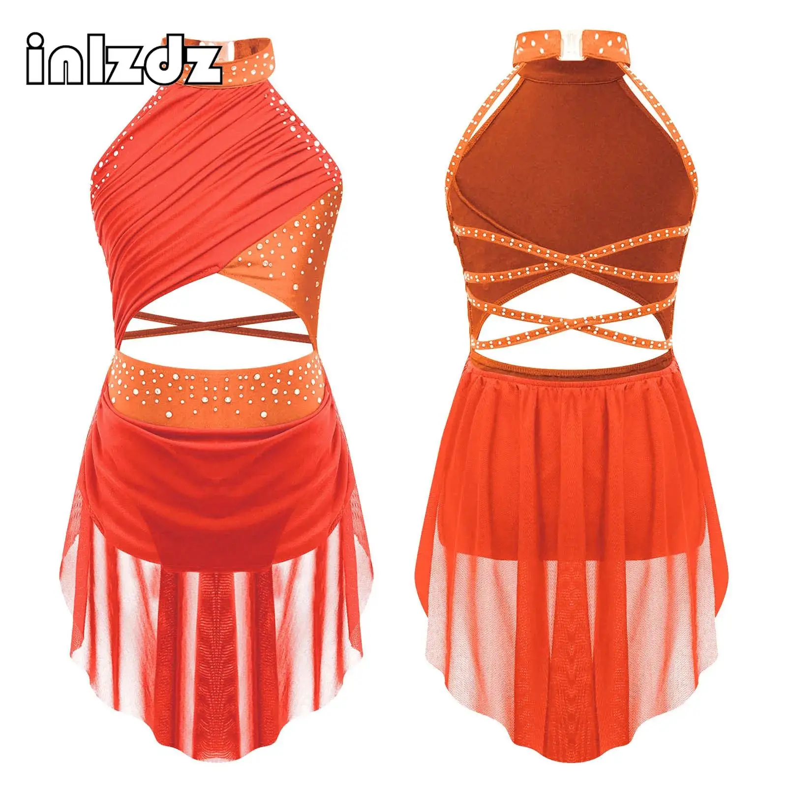 

Детское балетное платье-трико для девочек, костюм для лирического танца, платье с сетчатым верхом и стразами, современная танцевальная одежда для выступлений