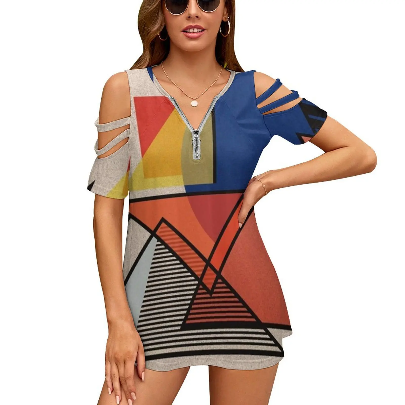 Midcentury Modern Abstraction Women'S T-Shirt New Fashion Printed Zipper V-Neck Short Sleeve T Shirts Casual Plus Size