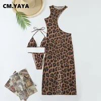 CM.YAYA Women Beach Bikini Set with Cutout Leopard Printed Sexy Long Bodycon Swimsuit Three 2 Piece Set Swimwear Bathing Suit 2