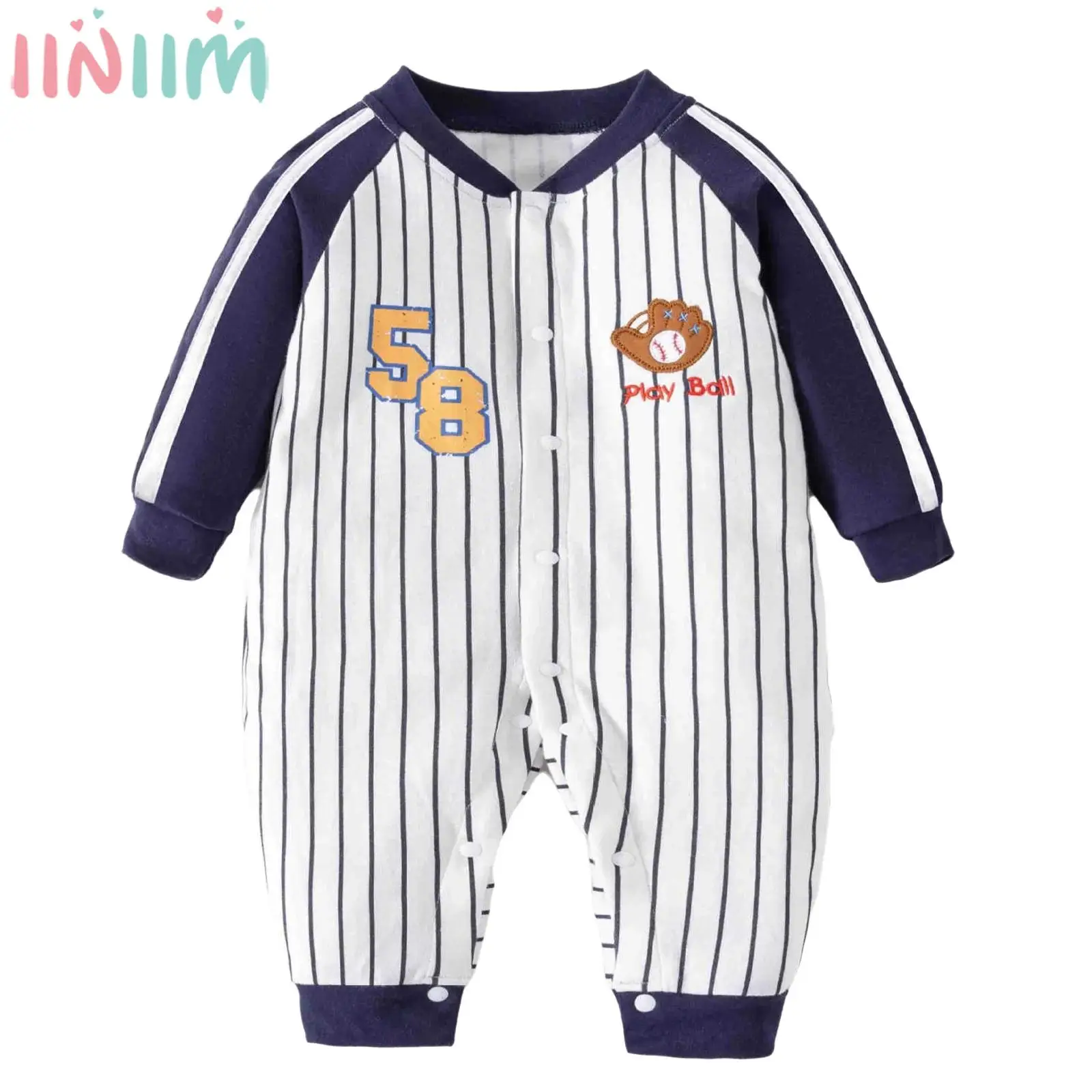 

Newborn Baby Boys Girls Baseball Romper Long Sleeve Striped Sport Style Cotton Jumpsuit for Daily Wear Theme Party Photography
