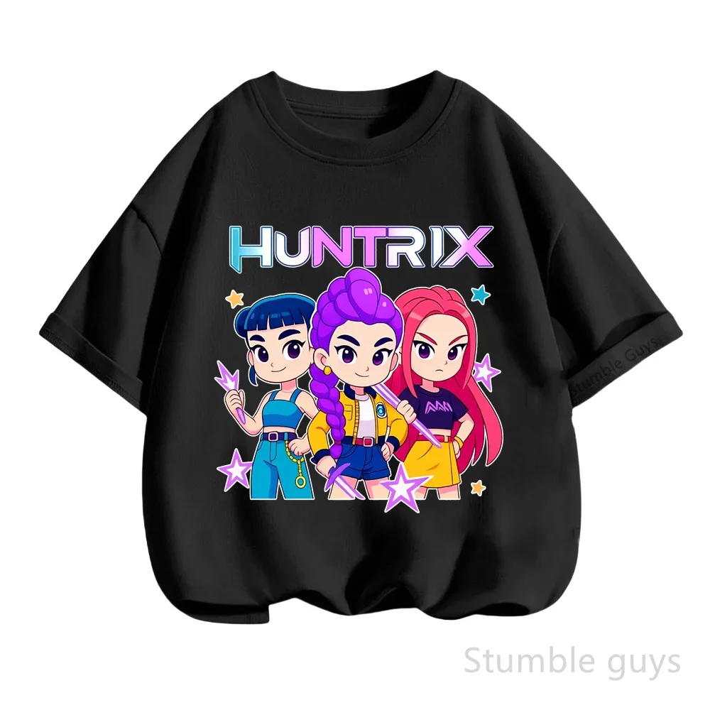 

Детская футболка с короткими рукавами в стиле аниме, летняя футболка KPop Demon Hunters, одежда для мальчиков и девочек Huntrix
