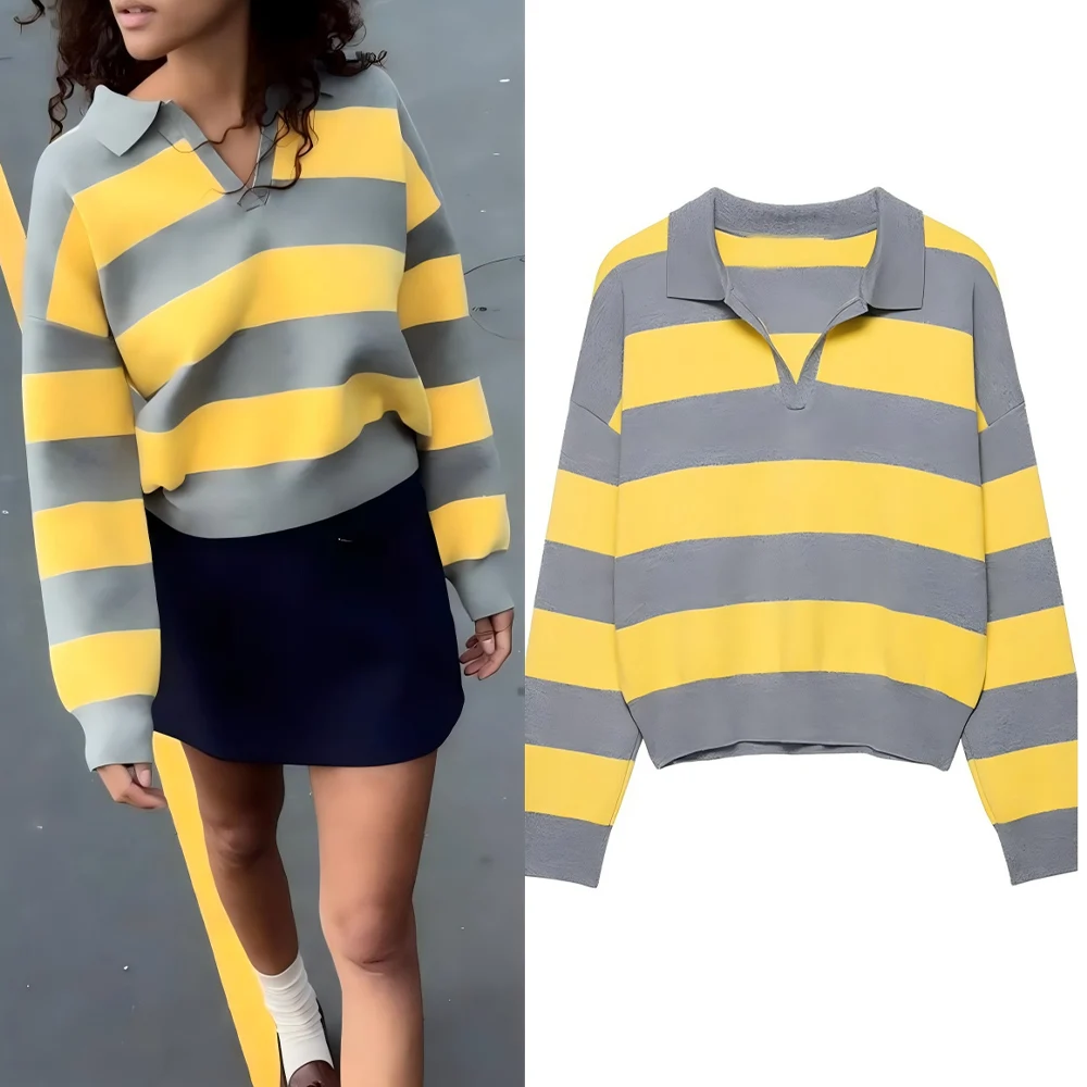

Женская осенняя новая модная повседневная рубашка-поло с воротником в полоску, вязаный свитер в стиле ретро, женский пуловер с длинными рукавами, шикарный топ