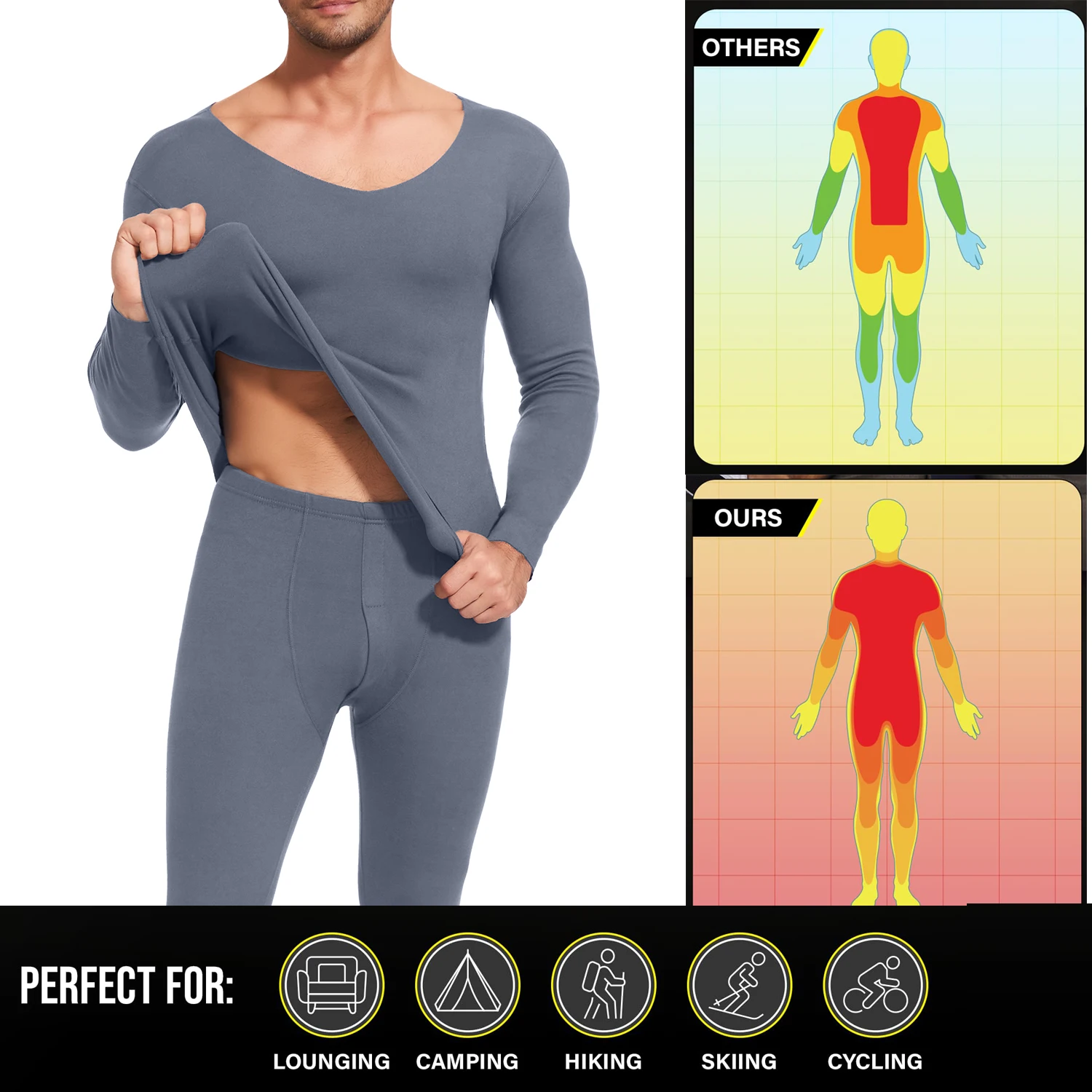 L-4XL Winter Men\'s Brushed Thermal Underwear V-Neck Long Sleeve Top Bottoming Pants Set Seamless Comfortable Pajamas 2Pcs New In