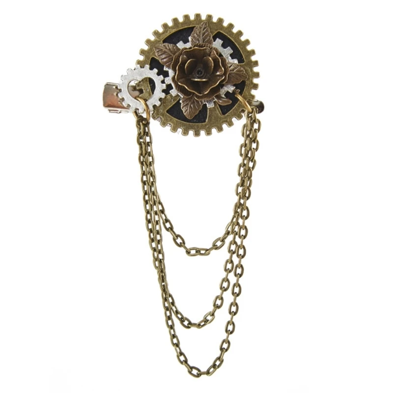 Alloy Safety Pins Jewelry Brooch Pin Hair Clip with Steampunk Gears and Tassels Chain Decorations for Hats Scarves Coat