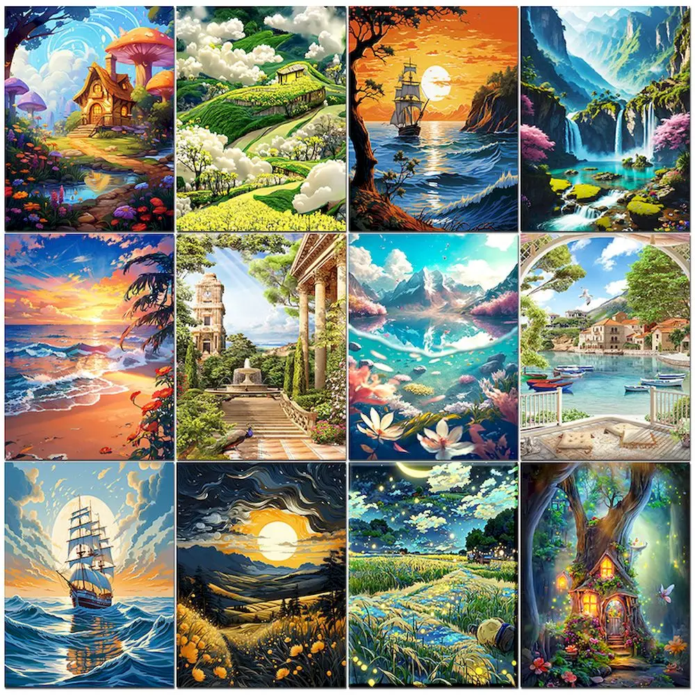 PhotoCustom Painting By Numbers On Canvas Seascape per kit per adulti pittura fai da te con numeri River Landscape regalo fai da te fatto a mano 40x50