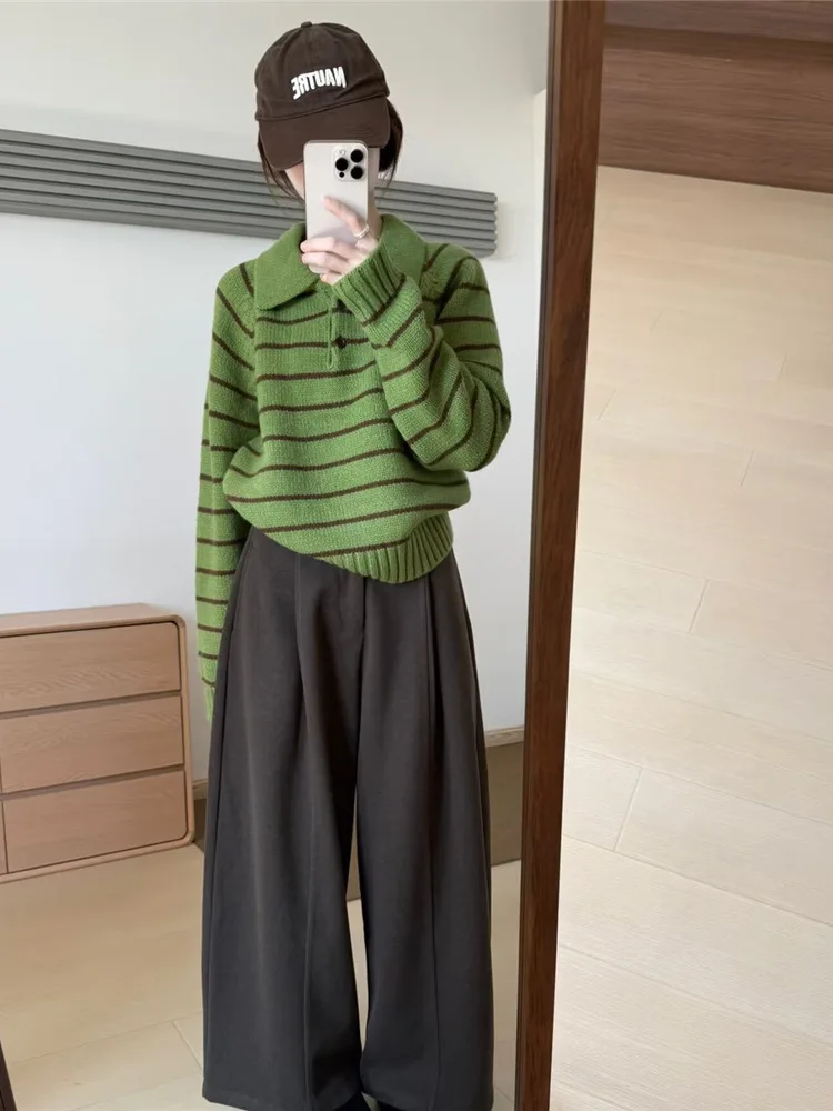 Suéter de Punto ueso con Cuello  para Mujer, a Rayas Verdes, Estilo Hoado para Otoño e Invierno, Corto, Cómodo y Cálido