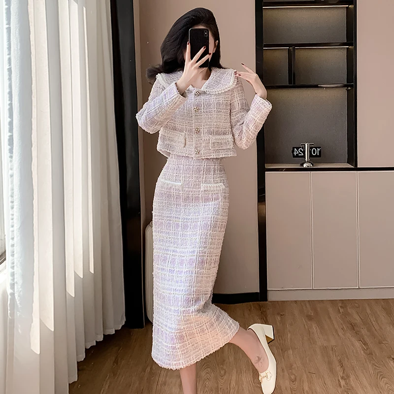 Autumn Winter Women Plaid Tweed Skirt Suits Beading Turn-down Collar Short Jacket And High Waist Long Skirt Two Piece Set