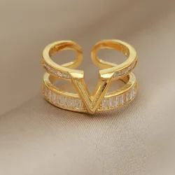 Classic Crystal Letter V Adjustable Rings for Women Fashion Brand Jewelry Double Layer Zirconia Rings Party Gift Accessories
