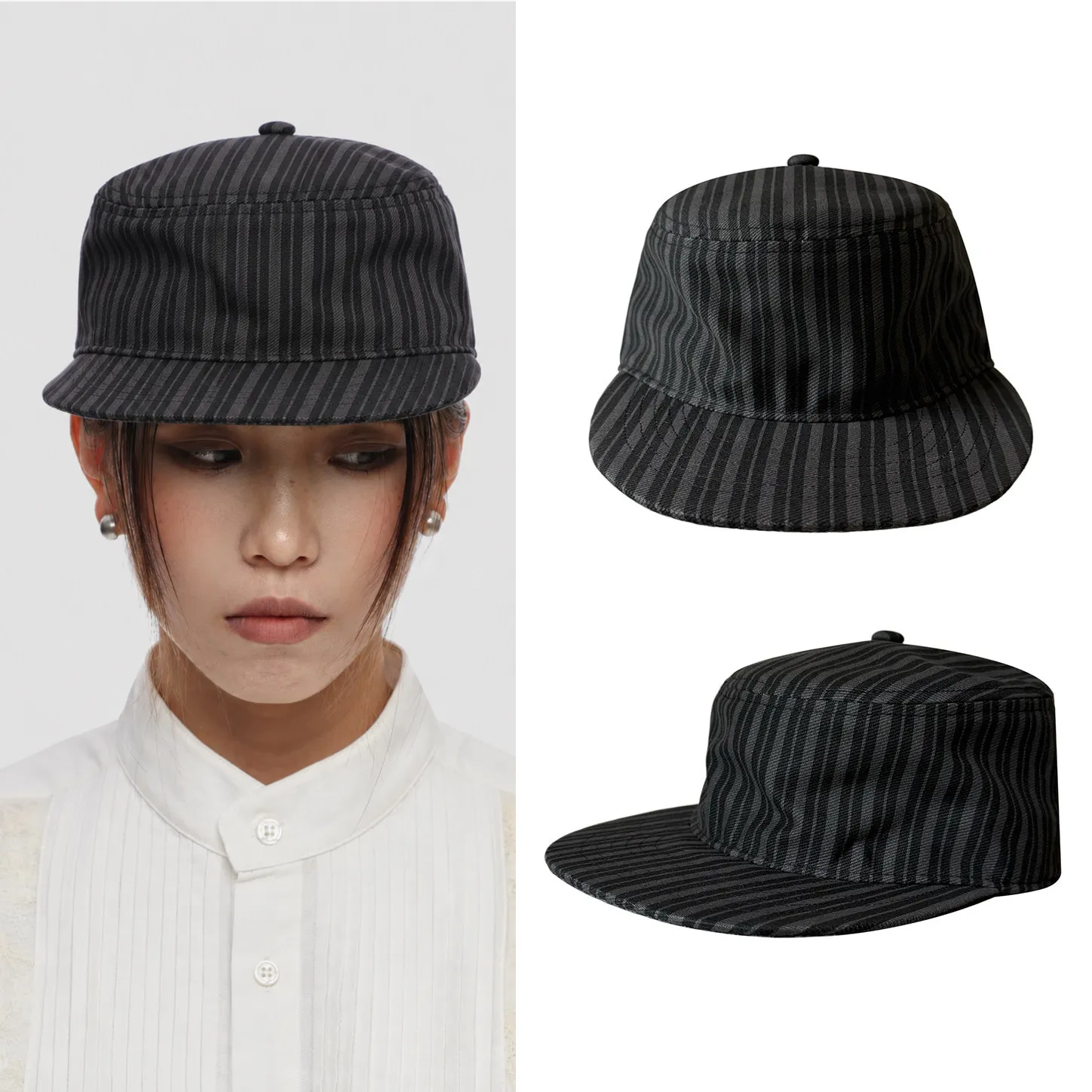 new-women-flat-top-cap-retro-wide-brim-face-slim-workwear-hat-striped-short-brim-baseball-cap-korean-style-peaked-hat