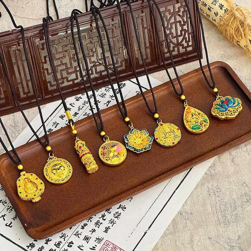 9999 Real Gold 24K Enamel Color Silk Eight Treasures Compass Ancient Gold Genuine Lotus Buddha Statue Pendant