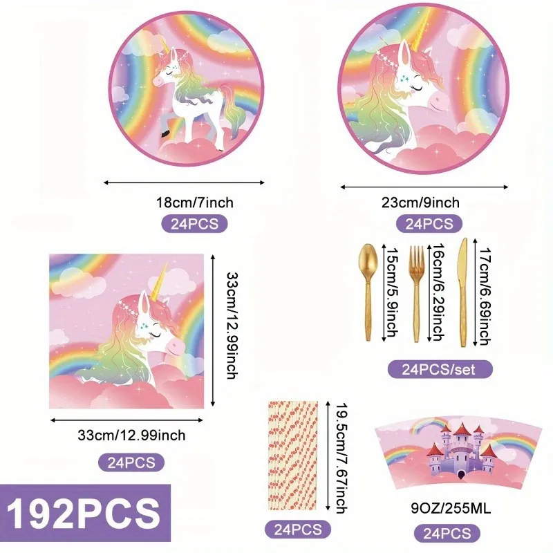 192pcs/set 24Persons Mermaid/Unicorn/Rainbow/Butterfly Party Paper Plate Set Element Disposable Birthday Venue Layout image 2