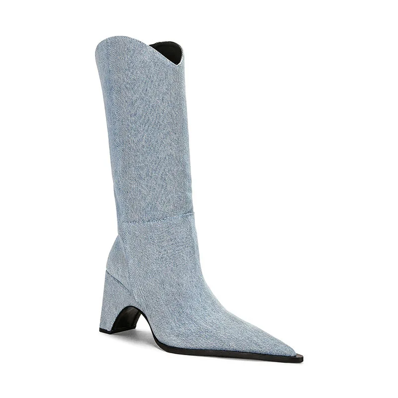 Denim Shaped Heel Thick Heels Mid-Calf Boots Woman 2025 Pointed Toe V-Neck High Heels Boots Spliced ​​sleeve Straight Boots