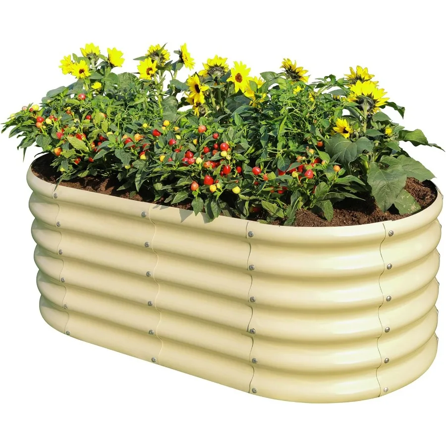 سرير حديقة مرفوع معدني خارجي بطول 18 صندوق زراعة جذر عميق بيضاوي للخضروات والزهور والأعشاب بسعة 89 جالونًا - كريمي أصفر #1