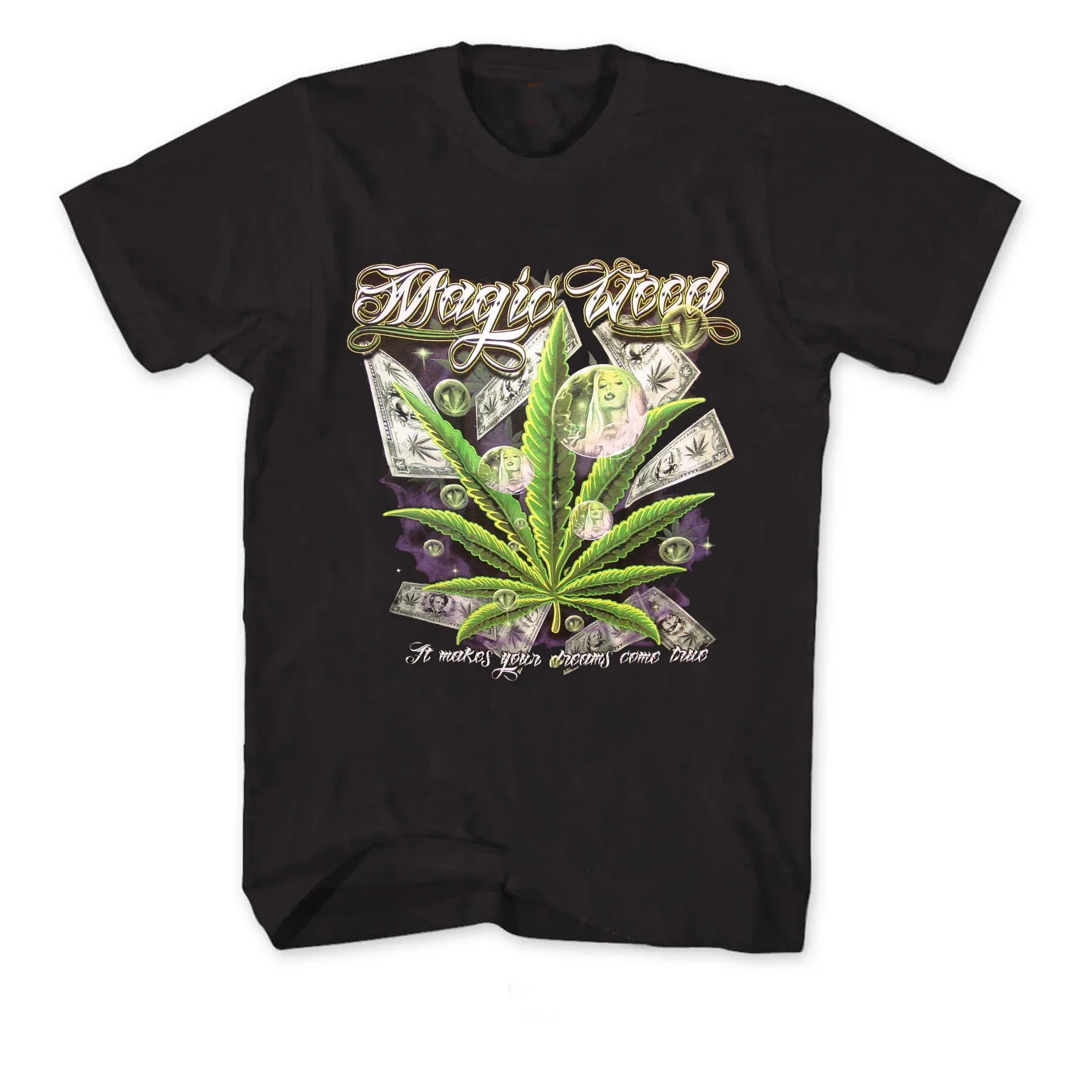 Marijuana Leaf Leaves Weed Money Dollar T-Shirt New 100% Cotton Short Sleeve O-Neck Harajuku Casual Mens T-shirt Streetwear