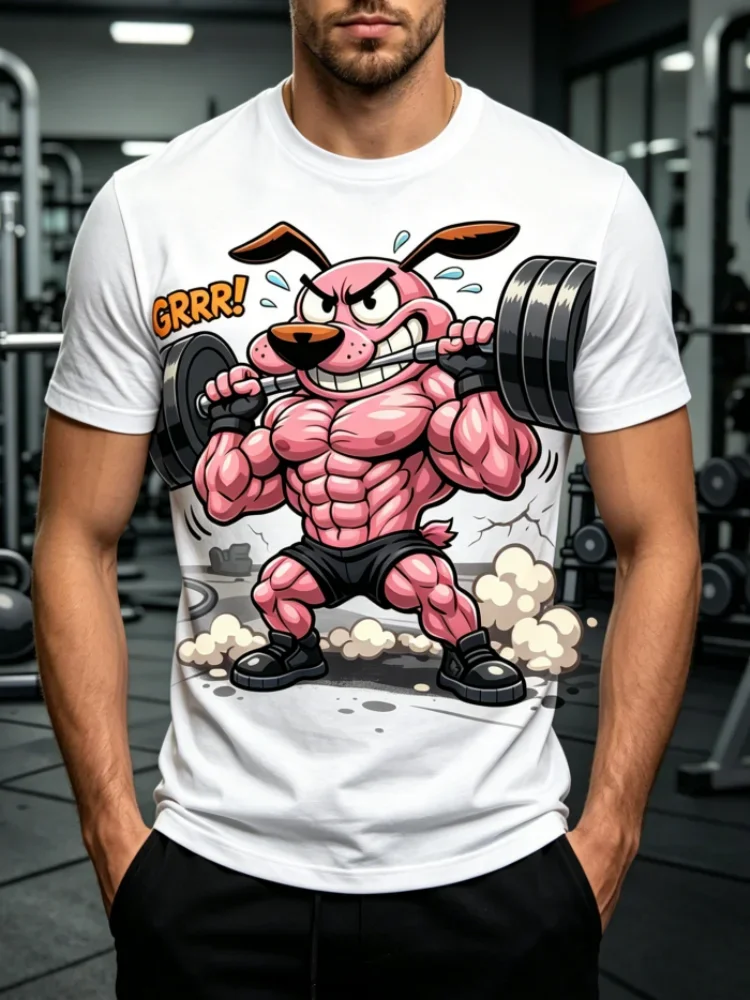 Fashion New Men's Muscular Dog Lifting Weights Print T-shirt Crew Neck Short Sleeve Gym Casual Streetwear Tee Tops