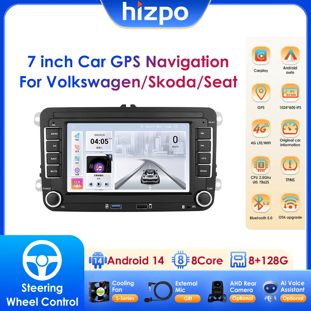 

7-дюймовая автомобильная мультимедийная система Android 14 с GPS и CarPlay для VW Volkswagen Golf Passat B7 B6 Tiguan Seat Leon Skoda Jetta