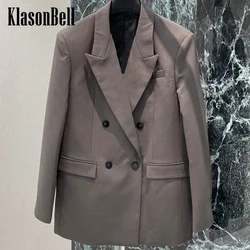 9.7 KlasonBell Women 2024 Autumn New Label Double Breasted Long Blazer Simple Shoulder Pads Cuff Button Retro Loose Coat