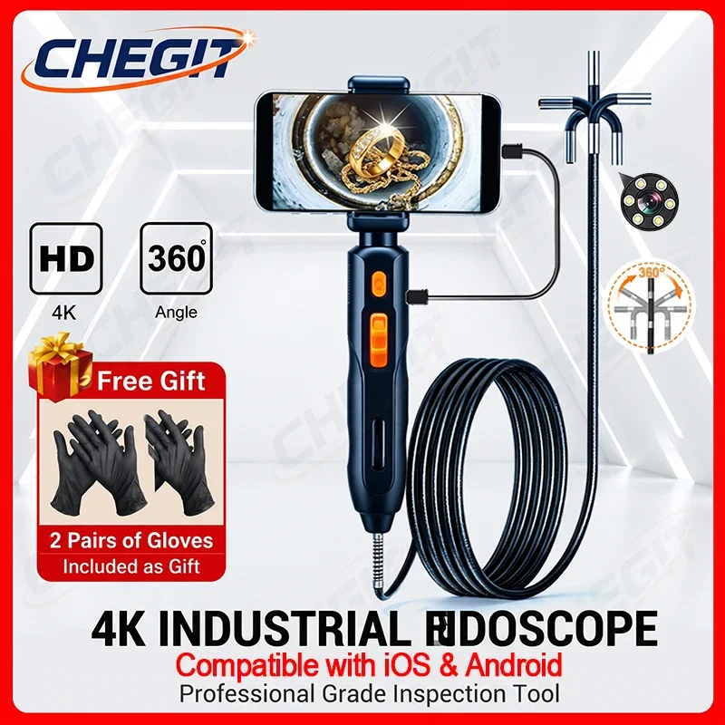 

360° Waterproof IP67 Inspection Borescope Camera 4K UHD Articulating Borescope Endoscope Camera For Android/iOS Phone Home use