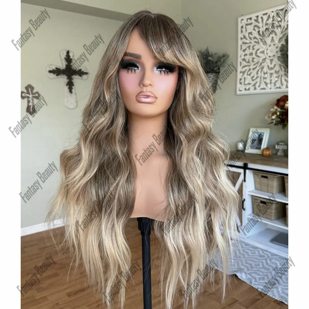 100%European Hair Wig Full Lace Wigs Human Hair High Quality Ombre Ash Honey Blonde With Bangs Glueless 13*6Lace wigs Human Hair