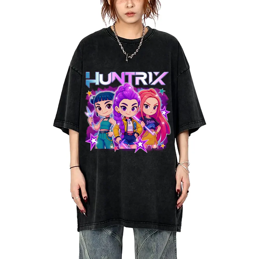 

Movie KPop Demon Hunters Rumi Mira Zoey Washed Vintage T-shirt Men Women Fashion Casual Oversized Tshirt Male Summer T Shirts