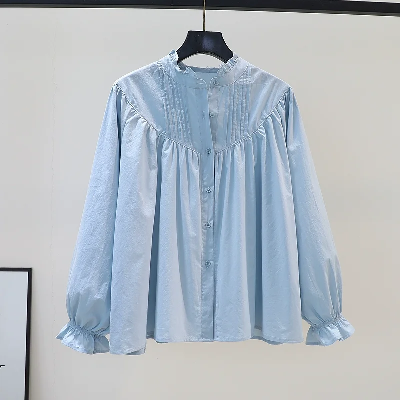 

Женская хлопковая рубашка с ушками из дерева, свободная универсальная блузка в Корейском стиле с рукавами-фонариками, лето 2024