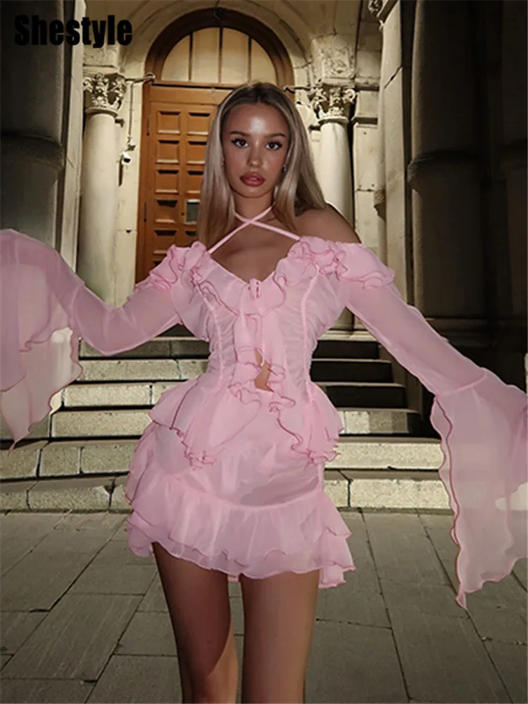 

Shestyle Chiffon Pink Women 2 Piece Sets Lace Up Slash Neck Crop Tops Ruffles Transparent Cute Asymmetrical Y3K Mini Skirt New
