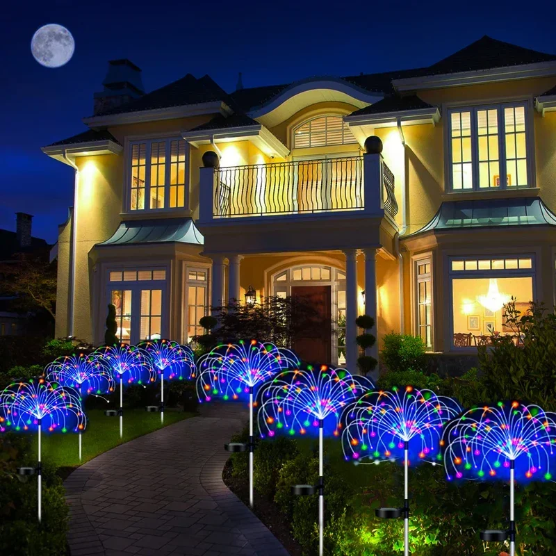 Solar Firework Lights 60-420LED Garden Stake Lamp 8 Modes Waterproof IP54 Rating Warm White White Colorful Pathway Party Decor