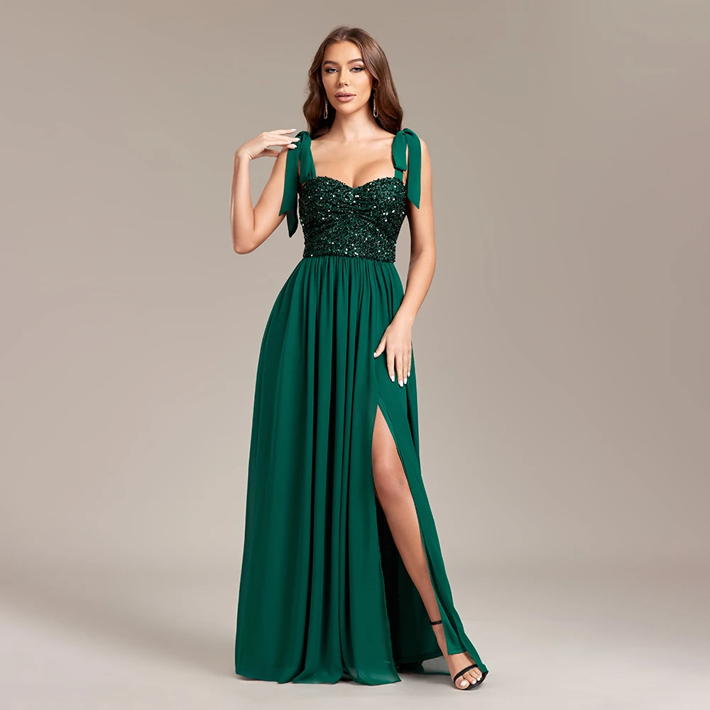 Sleeveless Activity Lace Up Evening Dresses Dark Green Long Birthday Party Gown Elegant A-Line Sequin Chiffon Formal Dress