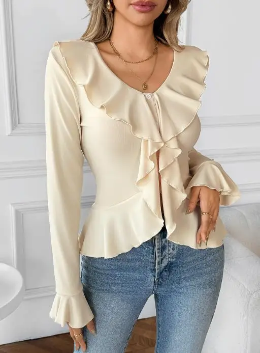 

Solid Color Sweet Style Slim Fit Women's T-Shirt Autumn Solid Color Elegant Black Fungus Edge Waist Cinched Trumpet Sleeve Shirt