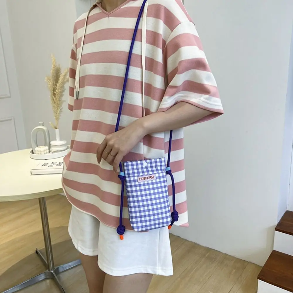 Large Capacity Grid Shoulder Bag Fashion Polyester Mini Mobile Phone Bag Square Cartoon Square Bags Women