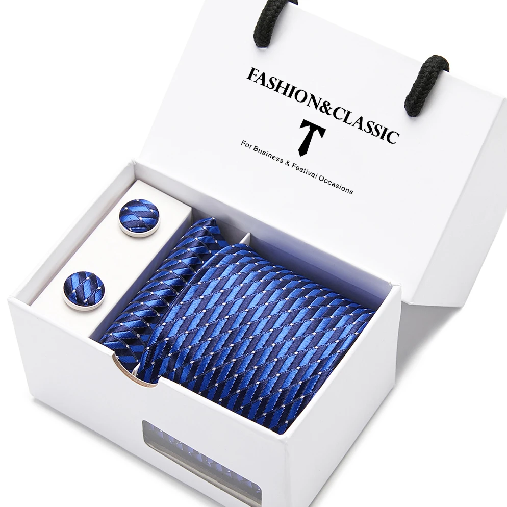 Hochwertiges 7,5 cm schwarzes, solides Herren-Krawatten-Taschentuch-Manschettenknöpfe-Set für Männer, Hochzeitskrawatten, Gravatas in Geschenkbox – Detail 10