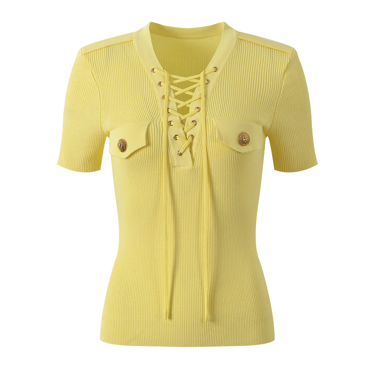 

Spring Summer 2025 V-Ne Knitted ort Sve T-irt Slim Fit Faionable Versatile Belted Gold Bule Commute Sle Women'...