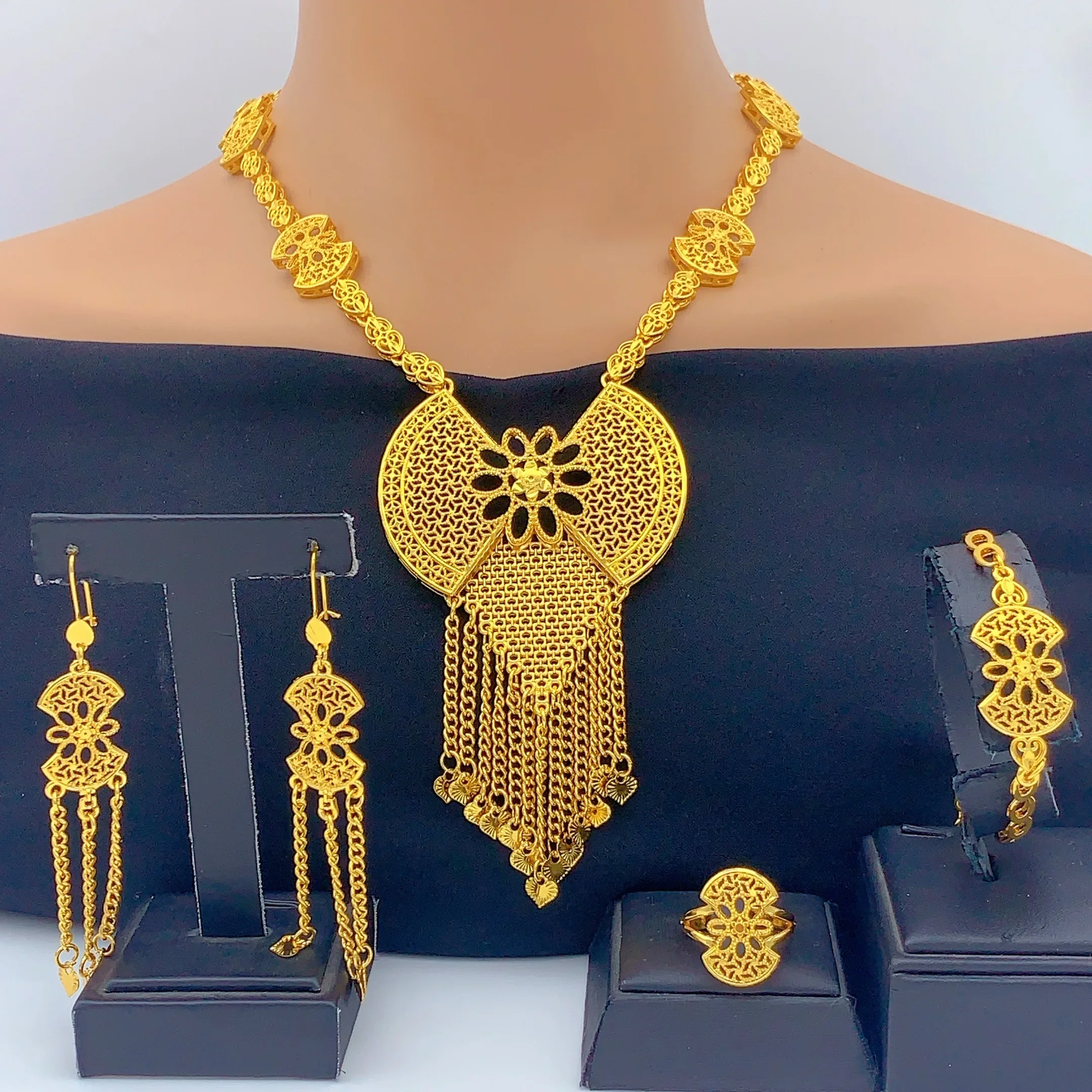ANIID Dubai Lange Halskette, Ohrringe, Schmuckset für Frauen, indische Quaste, goldfarben, nigerianischer afrikanischer Schmuck, Partygeschenke – Detail 6