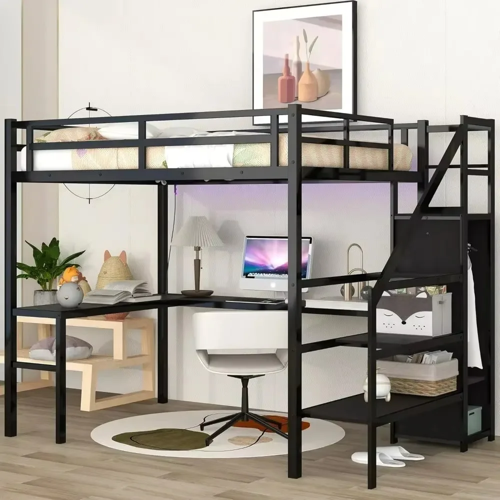 Bunk Beds Full Loft Bed, Storage Stairs and Wardrobe, Full Loft Bed with Charging Station (USB Port, Outlets) Bunk Bed Frames