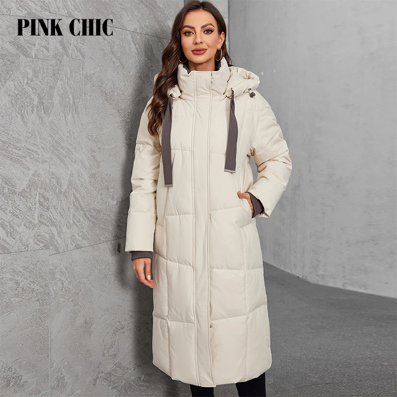 PINK CHIC 2024 New Winter Jacket Women\'s Down Jacket Fashion Warm Drawstring Hooded Long Women\'s Casual Parka W9085