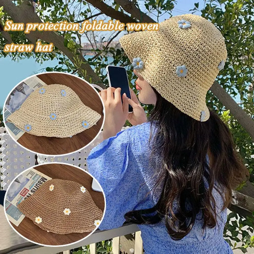

2025 Summer Flower Straw Hat Child Panama Cap Princess Flower Girls Travel Beach Fisherman Caps Kids Sun Hat Foldable Bucket Hat