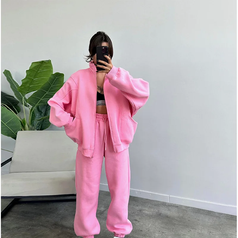 

Европейская и американская женская мода, повседневный ленивый осенне-зимний кардиган, толстовка для бега с карманами на молнии, комплект из двух предметов