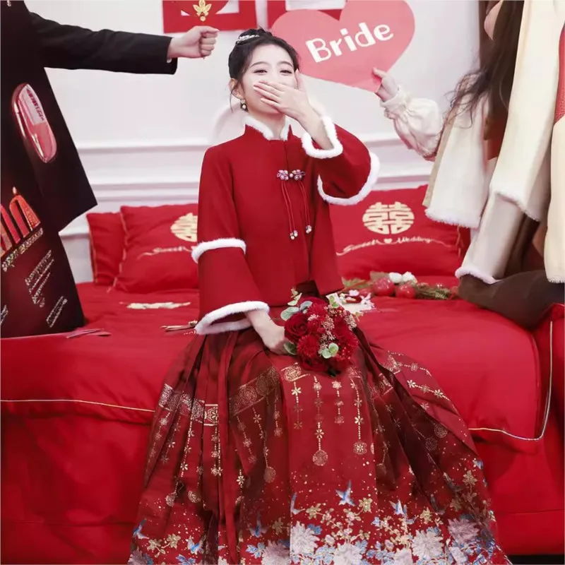 فستان نخب أحمر سميك مكون من قطعتين على الطراز الصيني #3