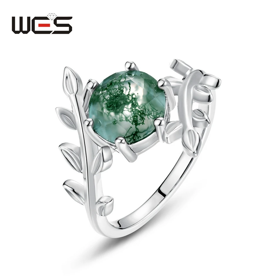 

WES 925 Sterling Silver Olive Branch Ring For Woman Inlaid 8*8mm Unique Natural Moss Agate Birthday Wedding Gift Wholesale